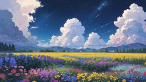 花/花畑/夜の花畑/イラスト素材