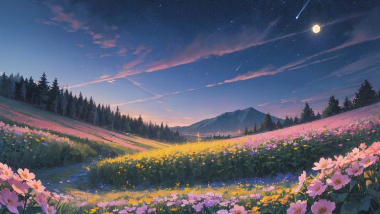 花/花畑/夜の花畑/イラスト素材