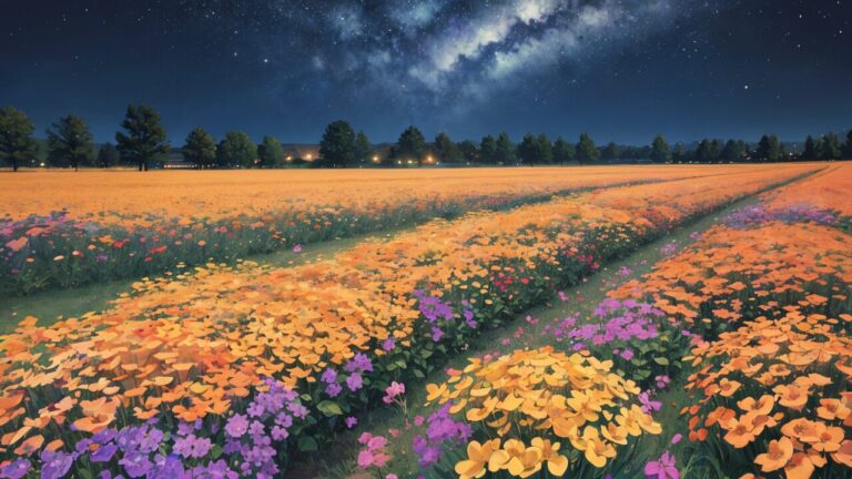 花/花畑/夜の花畑/イラスト素材