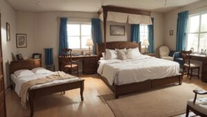 寝室/部屋/洋室/青いカーテン/イラスト素材