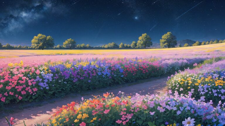 花/花畑/夜の花畑/イラスト素材