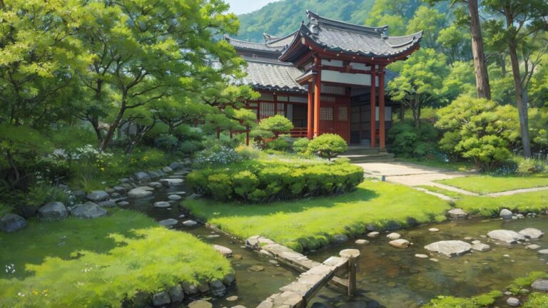 和風建築/神社/庭園/小川/イラスト素材