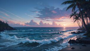 自然/海/夕暮れ/ヤシの木/イラスト素材