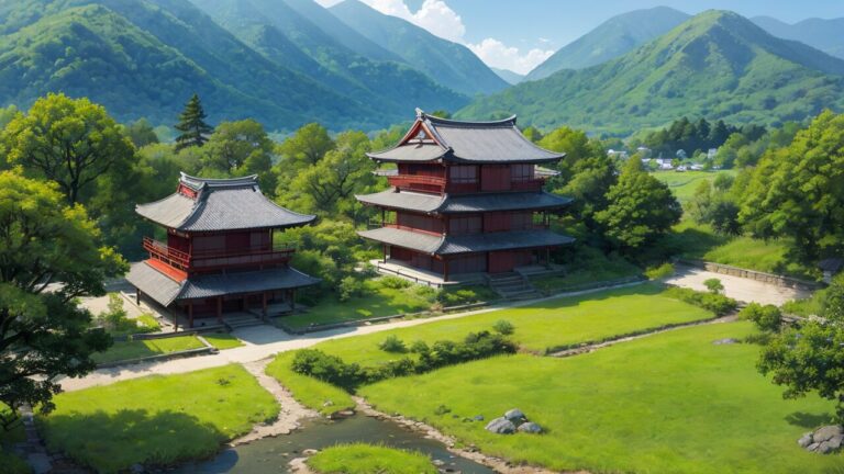 和風建築/神社/田園風景/イラスト素材