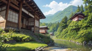 和風建築/田舎/小川/イラスト素材