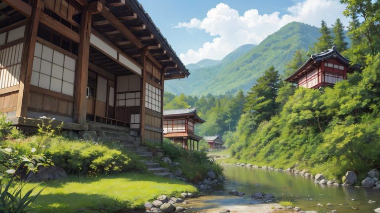 和風建築/田舎/小川/イラスト素材