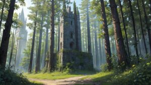 森林/ヨーロッパ/塔/廃墟/イラスト素材