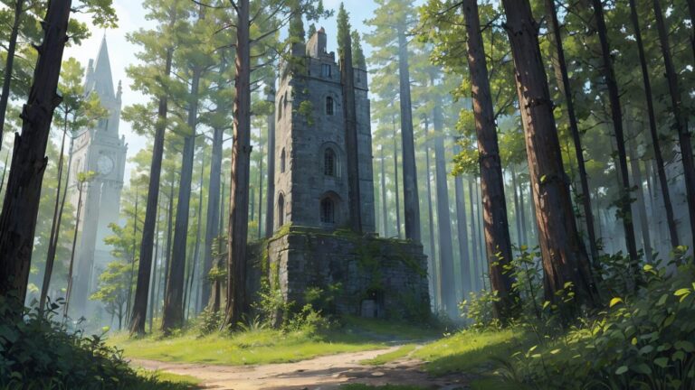 森林/ヨーロッパ/塔/廃墟/イラスト素材