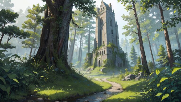 森林/ヨーロッパ/塔/廃墟/イラスト素材