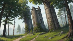 森林/ヨーロッパ/塔/廃墟/イラスト素材