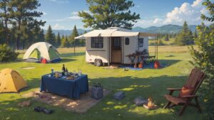 草原/キャンプ/テント/イラスト素材