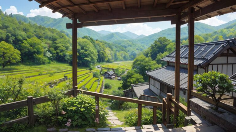 棚田/和風建築/イラスト素材