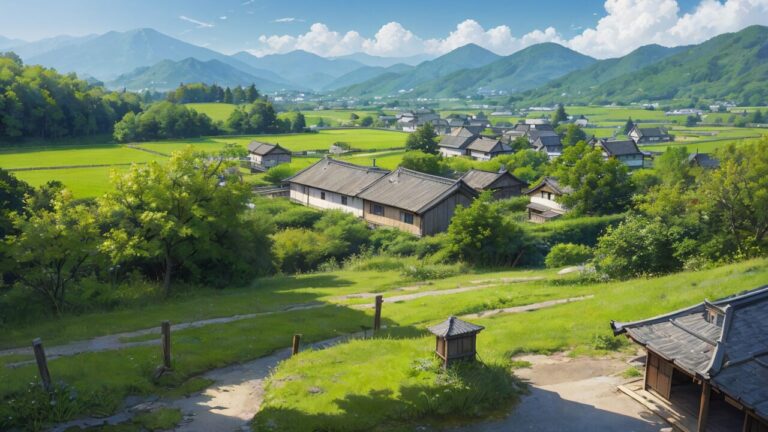 田園風景/和風建築/イラスト素材