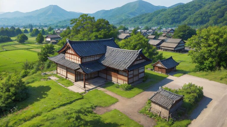 田園風景/和風建築/イラスト素材