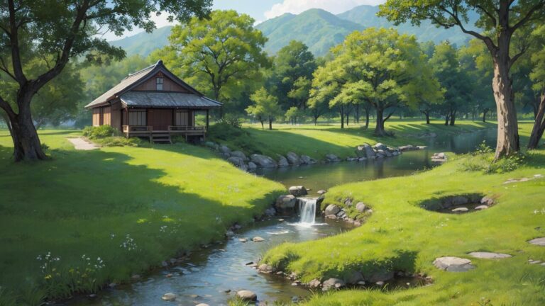 庭園/小川/日本建築/イラスト素材