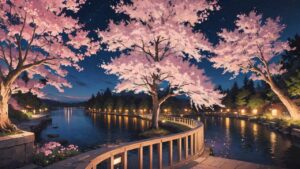 桜/夜桜/川/イラスト素材