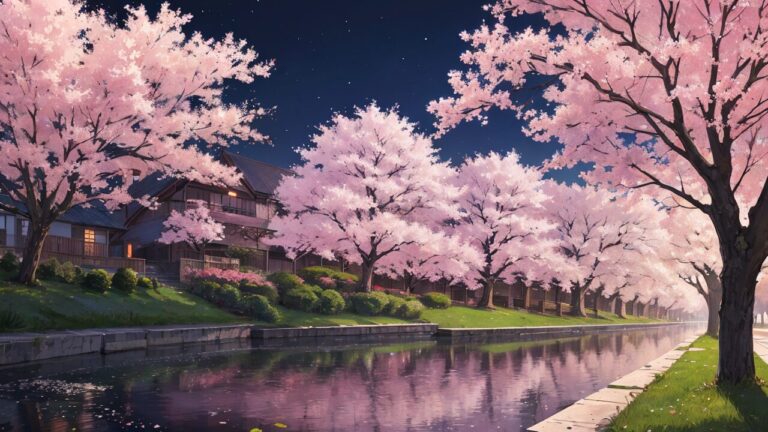 桜/夜桜/川/イラスト素材