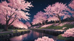 桜/夜桜/川/イラスト素材