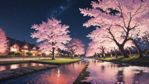 桜/夜桜/川/イラスト素材