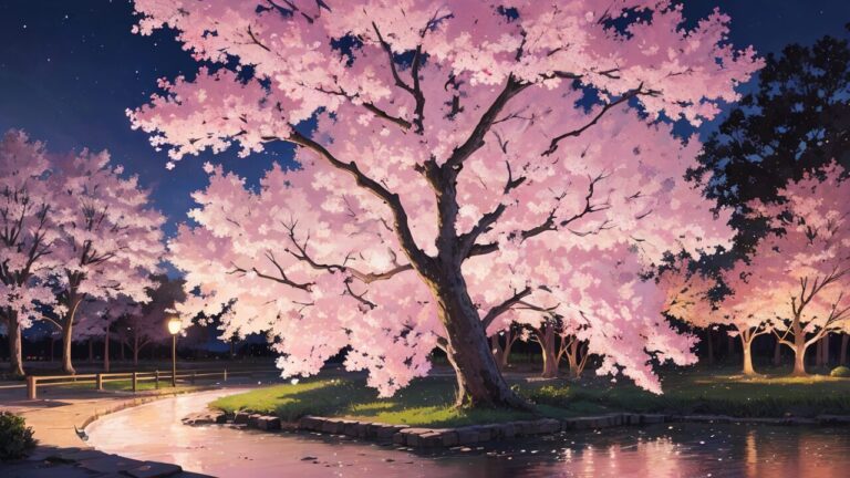 桜/夜桜/川/イラスト素材