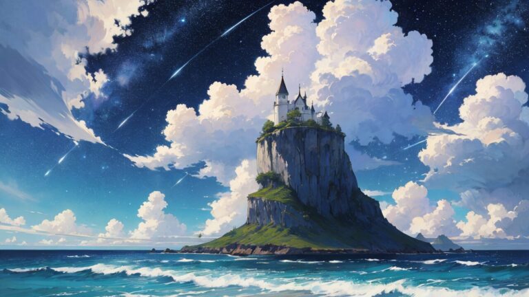 城/海/島/美しい空/イラスト素材