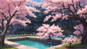桜/庭園/池/イラスト素材