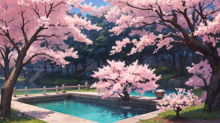 桜/庭園/池/イラスト素材