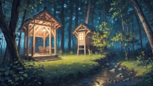 森林/夜/小屋/小川/イラスト素材