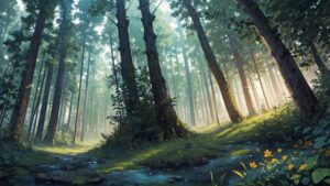 森林/小川/自然/イラスト素材