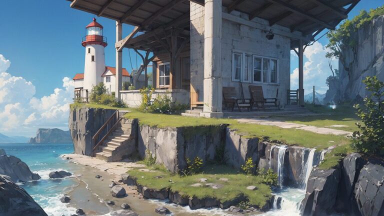 灯台/小屋/入り江/イラスト素材