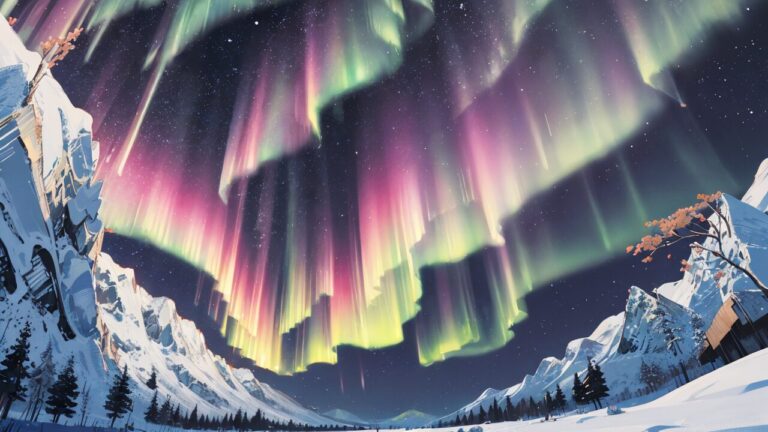 雪山/オーロラ/イラスト素材