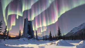 雪山/廃墟/オーロラ/イラスト素材