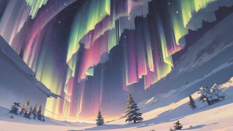 雪山/オーロラ/イラスト素材