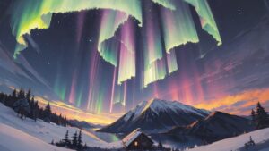 雪山/小屋/オーロラ/イラスト素材