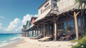 海/砂浜/民家/廃墟/イラスト素材