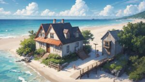 海/砂浜/家/イラスト素材