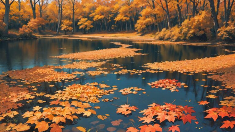 紅葉/落ち葉/秋/水辺に浮かぶ紅葉/イラスト素材