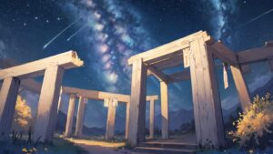 遺跡/夜空/流星群/イラスト素材