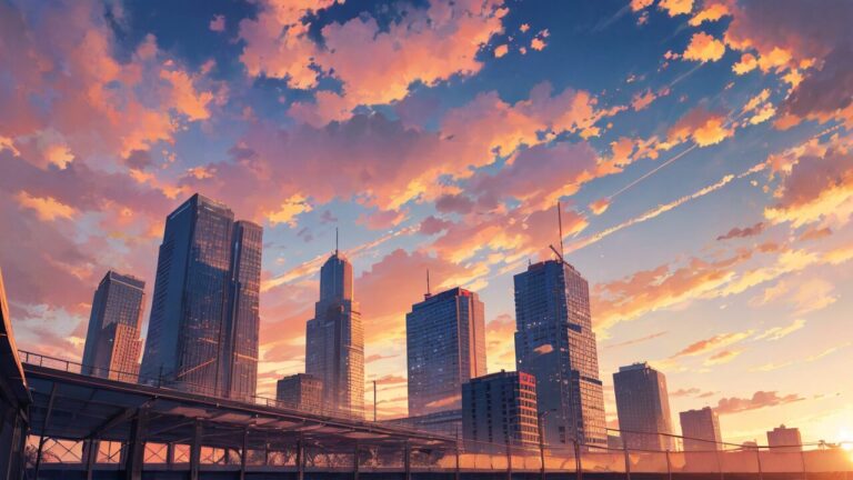 ピンク色の空/夕暮れ/都会/イラスト素材