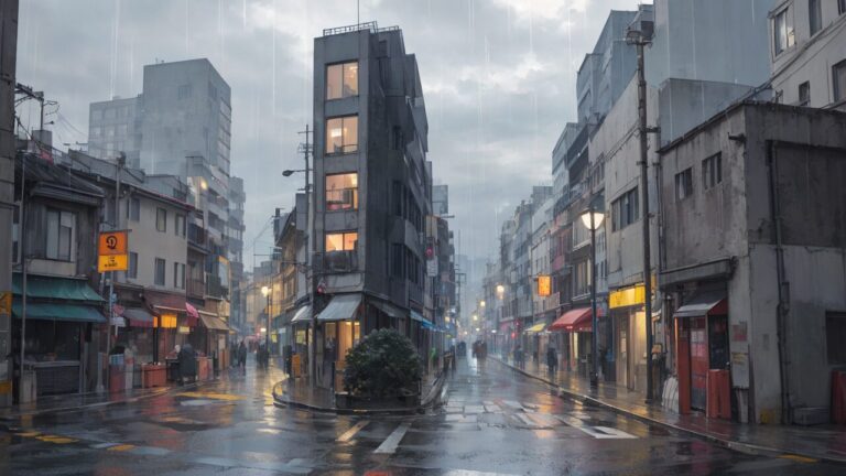 下町/店/通り/雨/イラスト素材