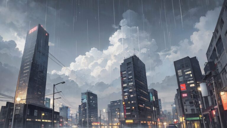 市街地/オフィス街/ビル/雨/イラスト素材