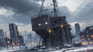 機械/建築物/荒廃/雨/イラスト素材