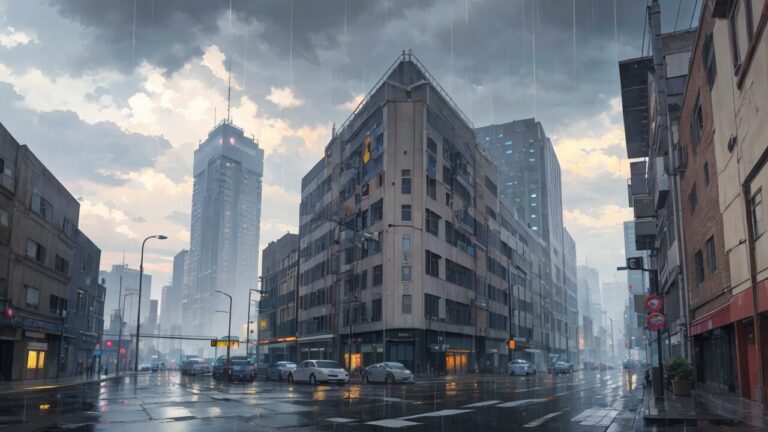 広い道路/市街地/雨/イラスト素材