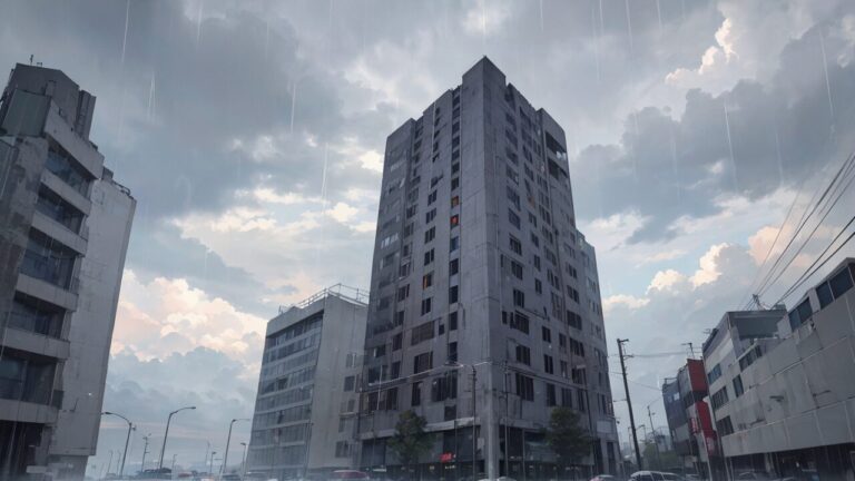 無機質なビル/雨/イラスト素材