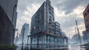 無機質なビル/雨/イラスト素材