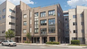 市街地/オフィス街/白い車/大通り/イラスト素材