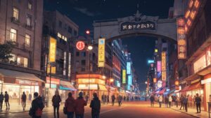 夜の商店街/ネオン/イラスト素材