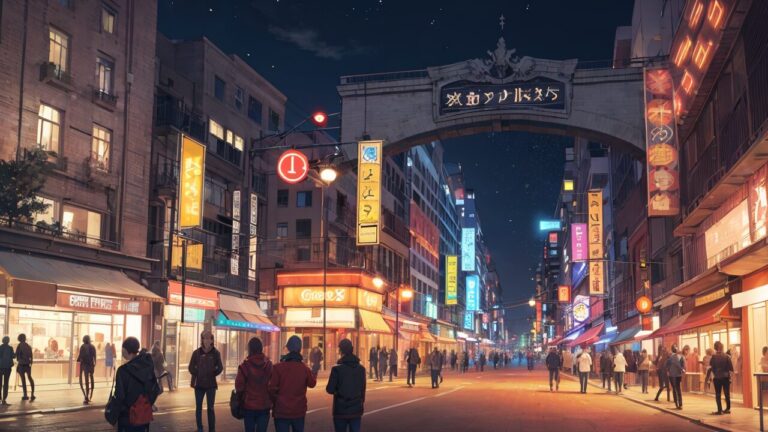 夜の商店街/ネオン/イラスト素材