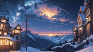 幻想的な夜/木造建築/冬の夜景/イラスト素材