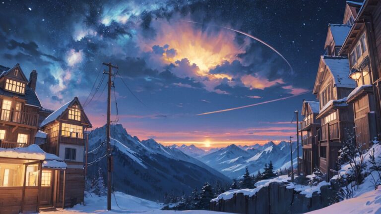 幻想的な夜/木造建築/冬の夜景/イラスト素材